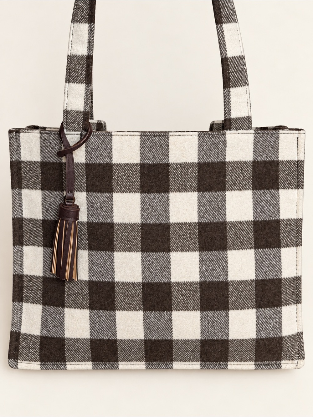 Brown Cream Buffalo Plaid Check Tote Bag Tassel Shoulder Handbag